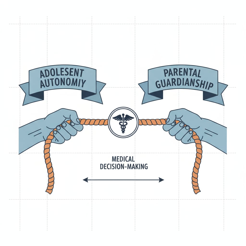 Visual representation of the conflict between adolescent medical autonomy and parental guardianship in the context of mental health services