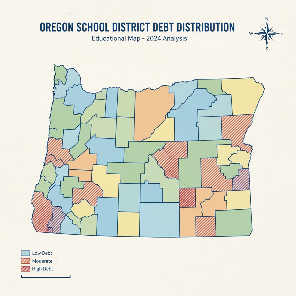 A map highlighting the different school districts in Oregon, with some areas marked to show higher levels of debt. This gives a visual representation of the debt distribution among the districts. Map of Oregon school districts showing areas of high debt related to school bonds, OSCIM grants, and district debts