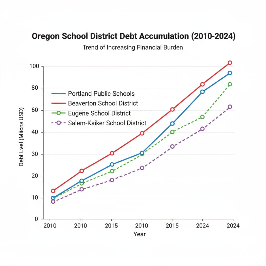 A line graph depicting the rising debt levels of several Oregon school districts over a period of years. It shows the trend of increasing financial burden on these districts. Graph showing the growth of school district debts in Oregon related to school bonds and OSCIM grants