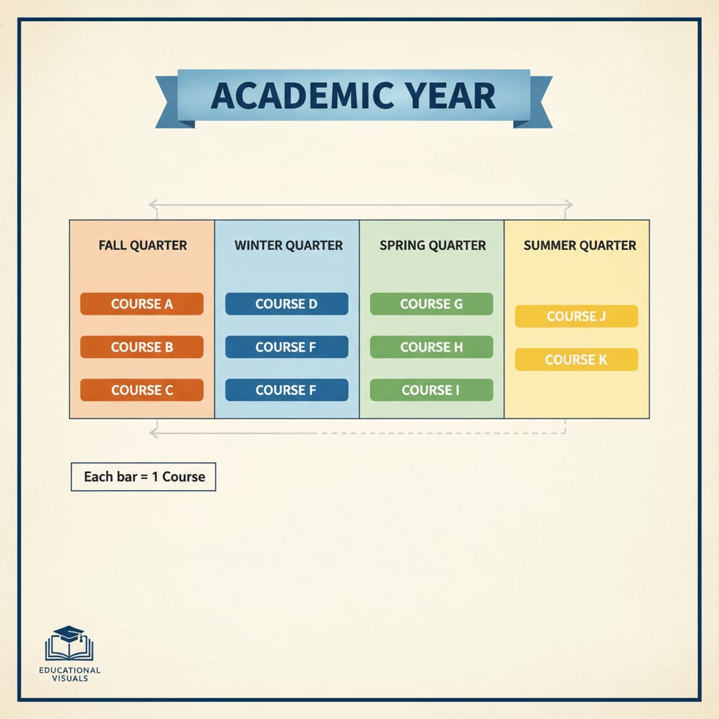 An illustration depicting the division of the academic year into four quarters, showing how courses are spaced out during each quarter. Illustration of the quarter system's course distribution and duration