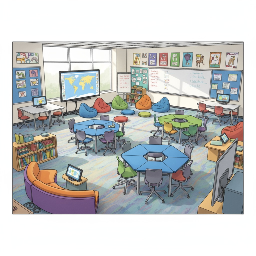 A modern and vibrant K-12 classroom layout with flexible furniture and interactive displays. The classroom has a colorful design and multiple seating arrangements to encourage different types of learning activities. A modern K-12 classroom layout for promoting teenager interests in learning.