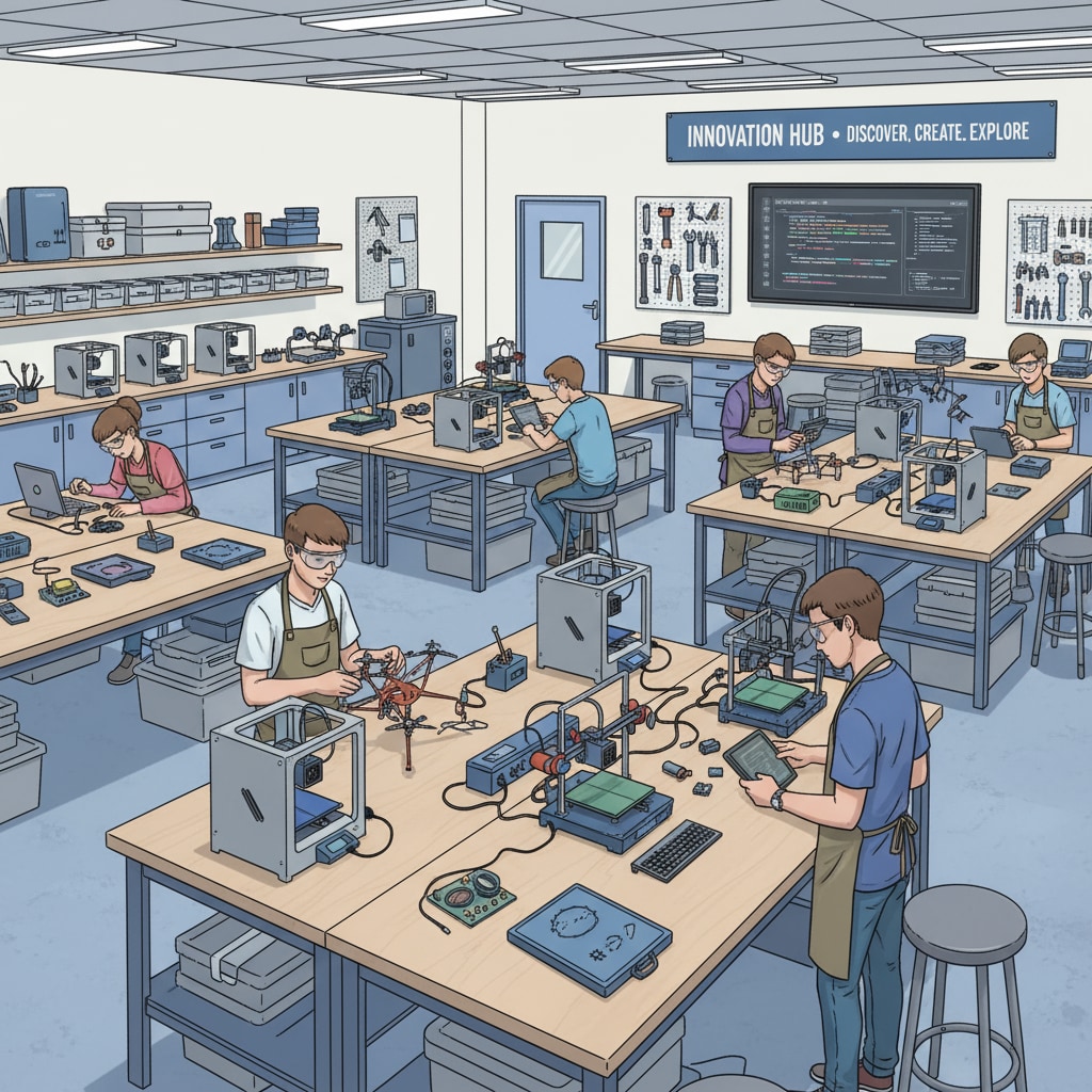 A school with a dedicated maker space filled with various tools and students engaged in hands-on projects. The maker space has workbenches, 3D printers, and electronic components, creating an environment for teenagers interested in technology. A school maker space catering to the interests of teenagers in technology and hands-on learning.