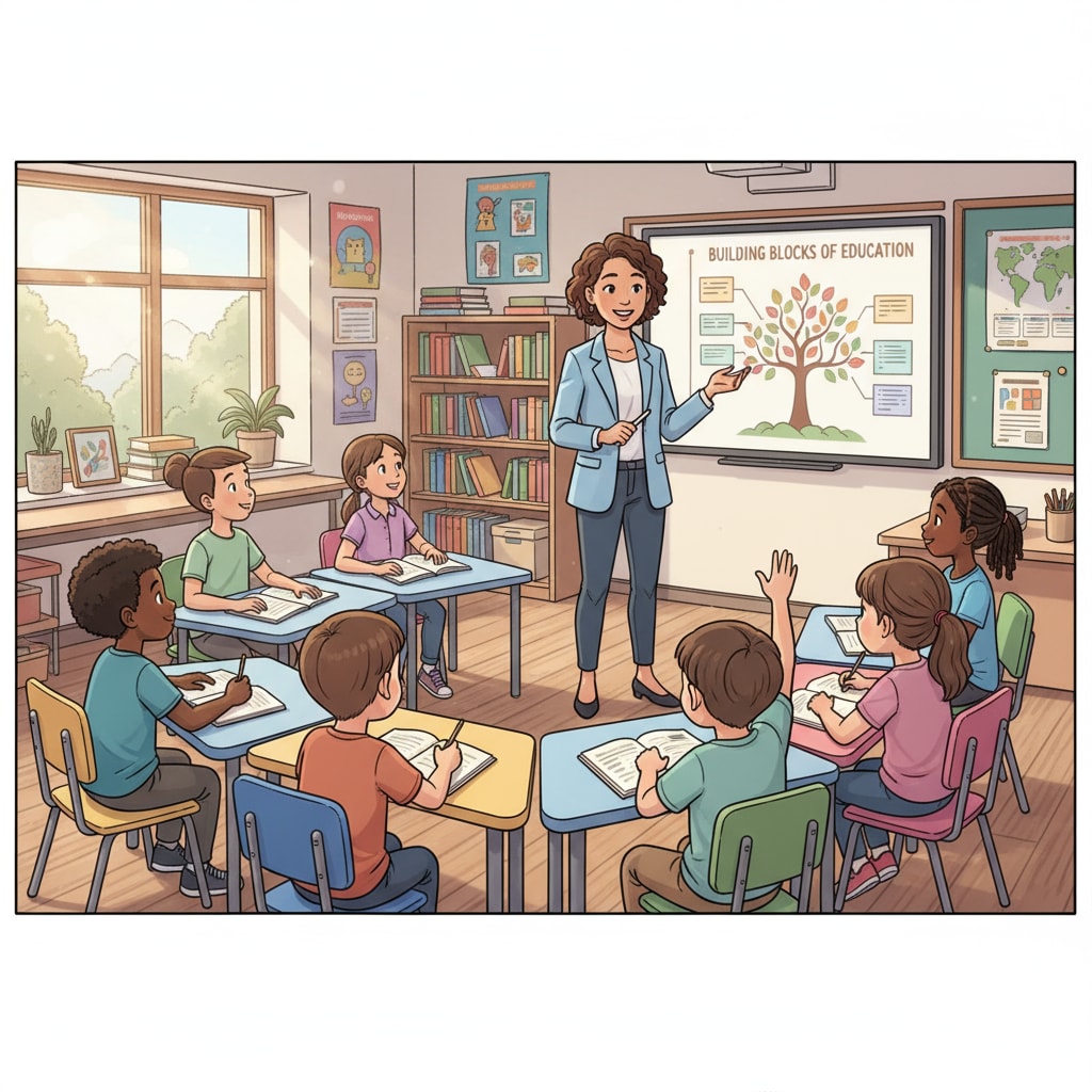 A group of diverse students listening attentively to a teacher in a classroom, representing the initial stage of an educator's career where they build the foundation of their teaching skills. Classroom scene highlighting the start of educational careers related to system reform and teacher development