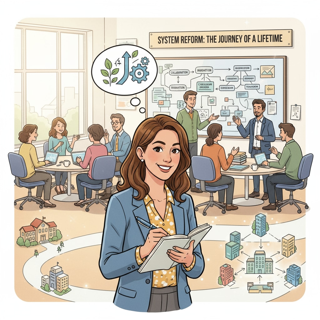 A teacher actively participating in a professional development workshop, taking notes and interacting with peers, symbolizing the growth and development of a teacher in their career journey towards system reform. Teacher at a professional development workshop for educational system reform and personal growth
