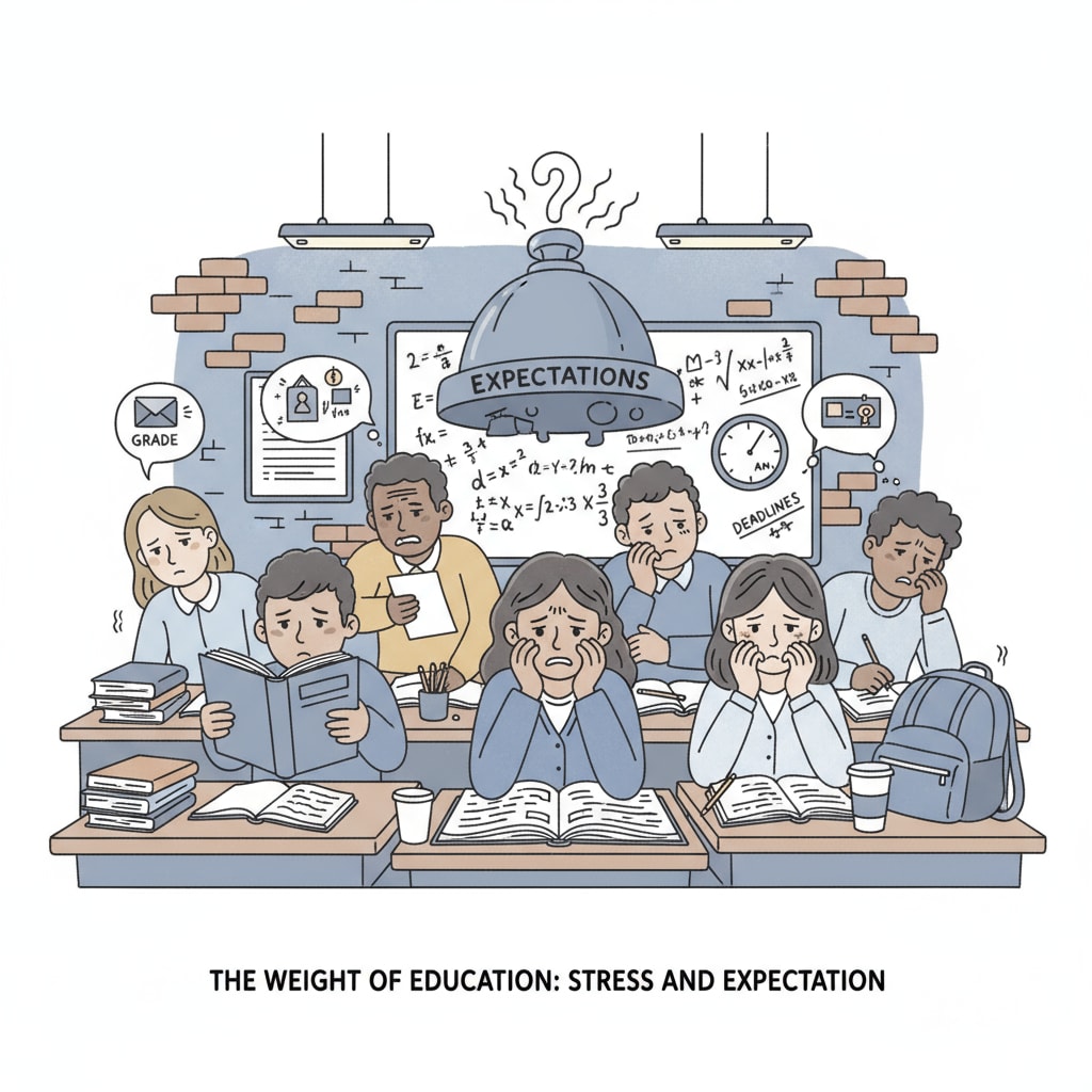 A group of students looking stressed in a classroom, which reflects the pressure students face in the educational environment. Students under pressure in a classroom related to mental health, school withdrawal, and social pressures