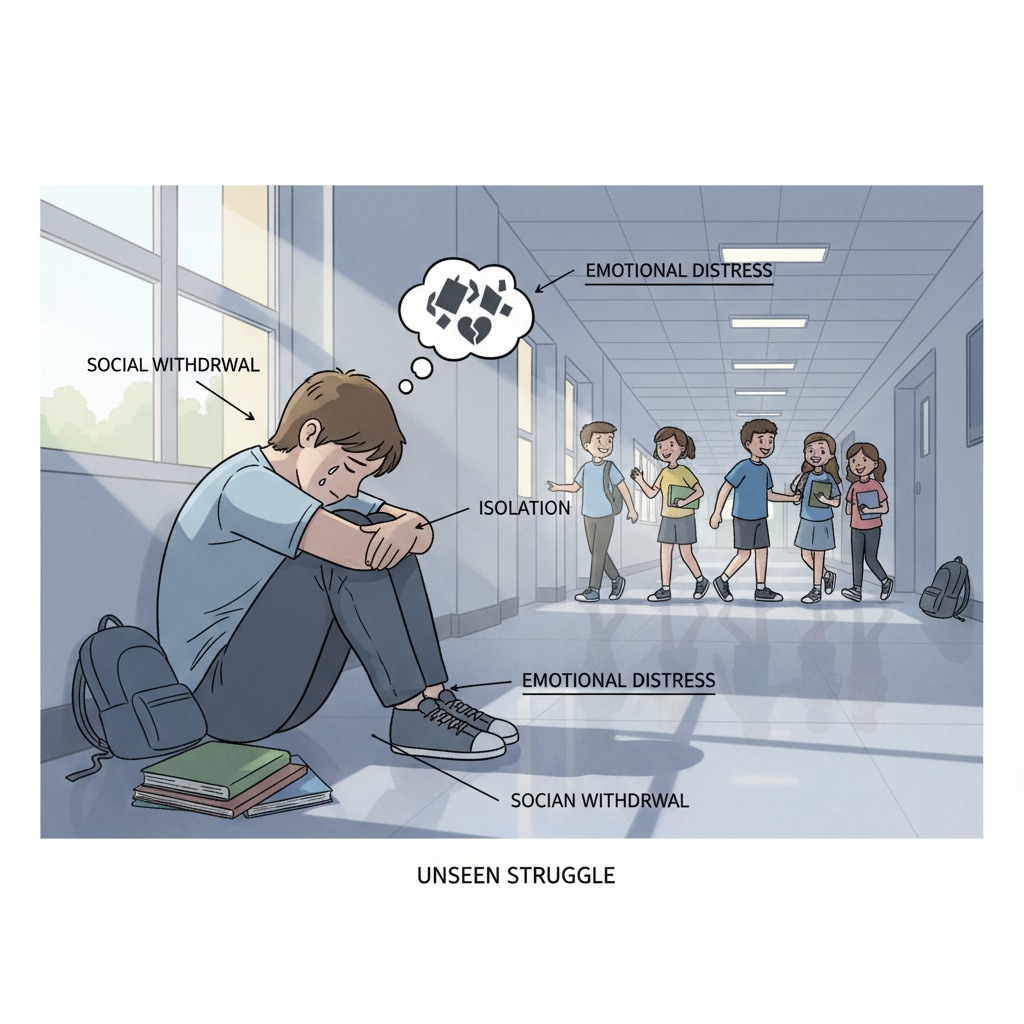 A student sitting alone in a school corridor looking sad, indicating the emotional distress students may experience during the process of mental health issues and school withdrawal. A sad student in a school corridor related to mental health, school withdrawal, and social pressures