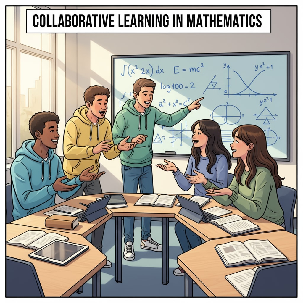A group of students are engaged in a lively discussion about math problems in a modern university classroom. There are equations written on the whiteboard behind them. Students with math abilities discussing problems in a university classroom related to software engineering majors