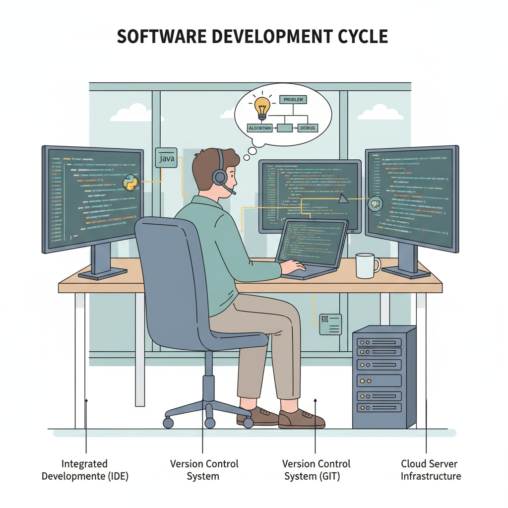 A software engineer is sitting in front of a laptop, intently coding. There are multiple monitors with lines of code visible. A software engineer using math skills to code on a laptop for software engineering projects