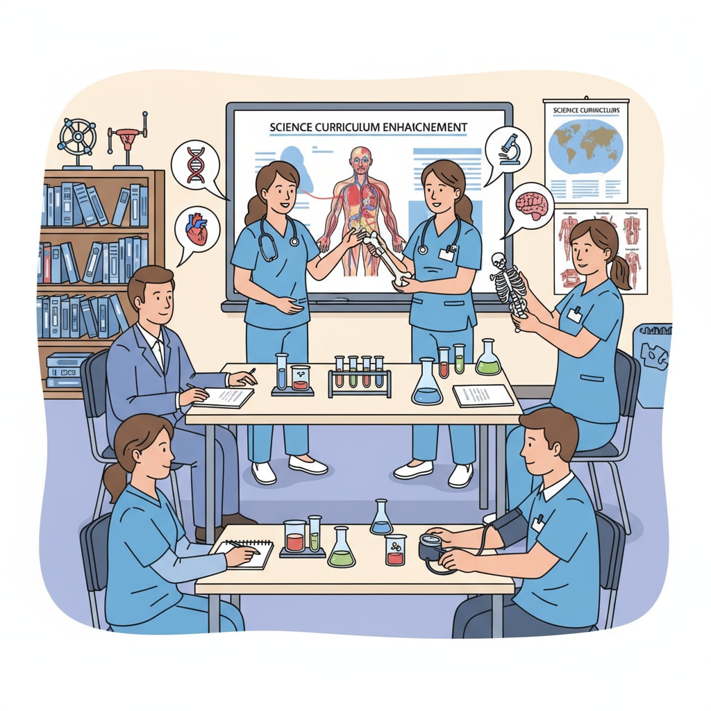 A group of nurses and teachers are seen working together in a classroom. The nurses are sharing their medical knowledge with the teachers to enhance the science curriculum. Nurses collaborating with teachers in a classroom for K12 education transition related to master's degrees