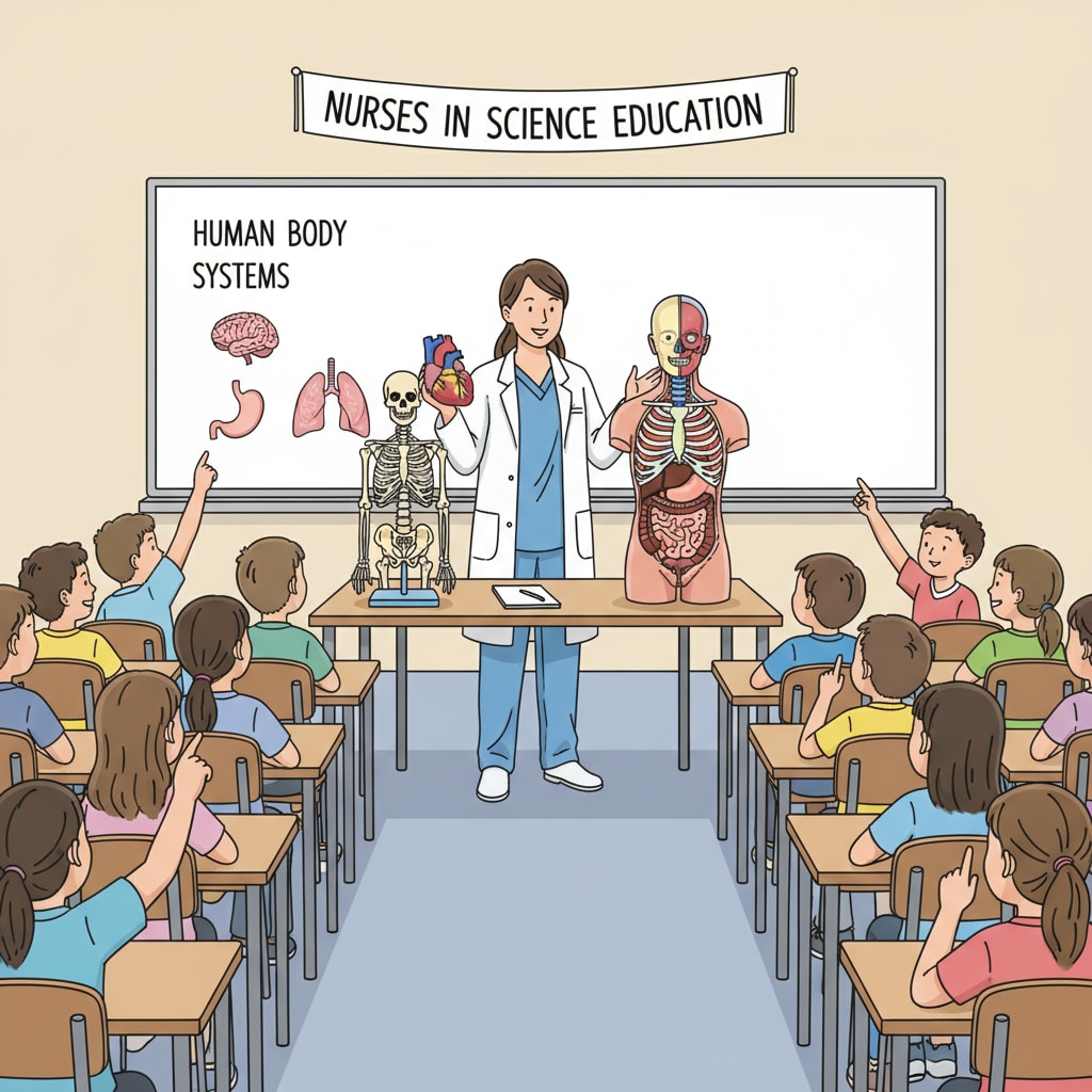 A nurse is standing in front of a class of students, using models to teach them about human body parts. This is an example of how nurses can contribute to K12 science education. A nurse teaching K12 students about human body parts as part of the career transition from nursing with the help of a master's degree