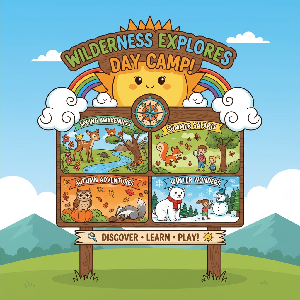 A signboard of a day camp with a creative and engaging name. The sign is colorful and has pictures related to animals and the seasons, attracting the attention of potential campers. Signboard of a day camp with an engaging name for animal adaptation in autumn and winter