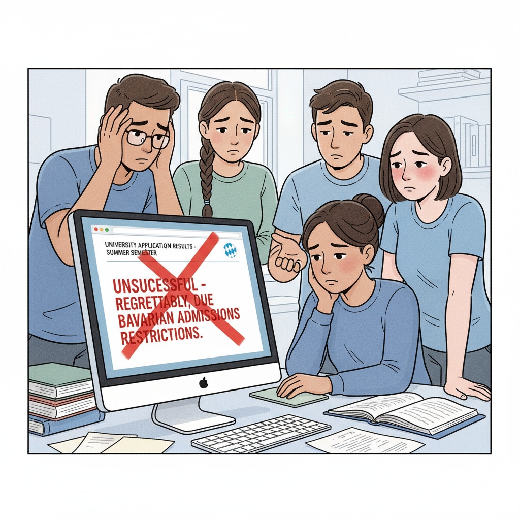 A group of students are looking disappointed while checking their university application results on a computer screen, highlighting the impact of Bavarian legal restrictions. Students looking disappointed while checking university application results due to Bavarian legal restrictions on predicted grades