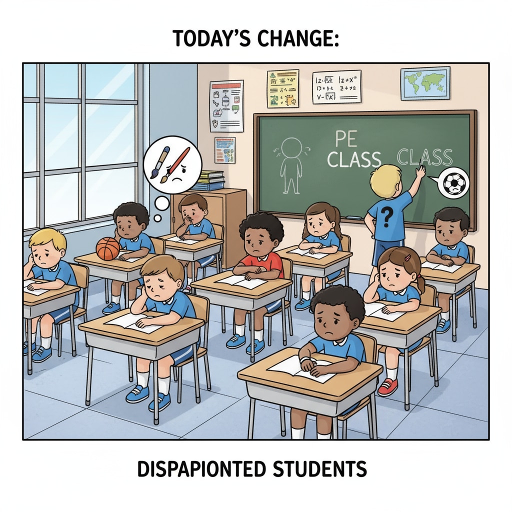 A group of students sitting in a classroom waiting for a special subject class that has been replaced by a PE class. The students look disappointed as they had been looking forward to the special subject. Students waiting for a special subject class that has been replaced by a PE class, related to special subject teachers, curriculum substitution, physical education classes, and educational resource allocation