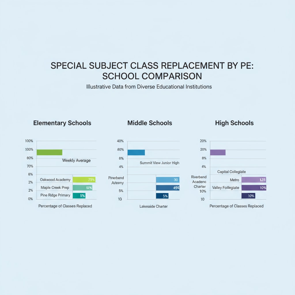 A comparison chart showing the frequency of special subject classes being replaced by PE classes in different schools. The chart clearly shows the differences in substitution rates among various educational institutions. Comparison chart of special subject classes replaced by PE classes in different schools, related to special subject teachers, curriculum substitution, physical education classes, and educational resource allocation