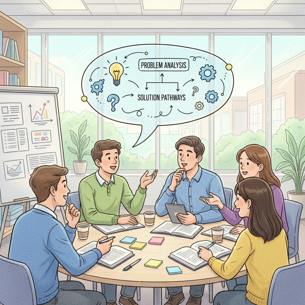 A group of students engaged in a lively discussion, brainstorming ideas and analyzing a problem, which represents the practice of critical thinking. Students demonstrating critical thinking, an aspect often neglected in standardized tests