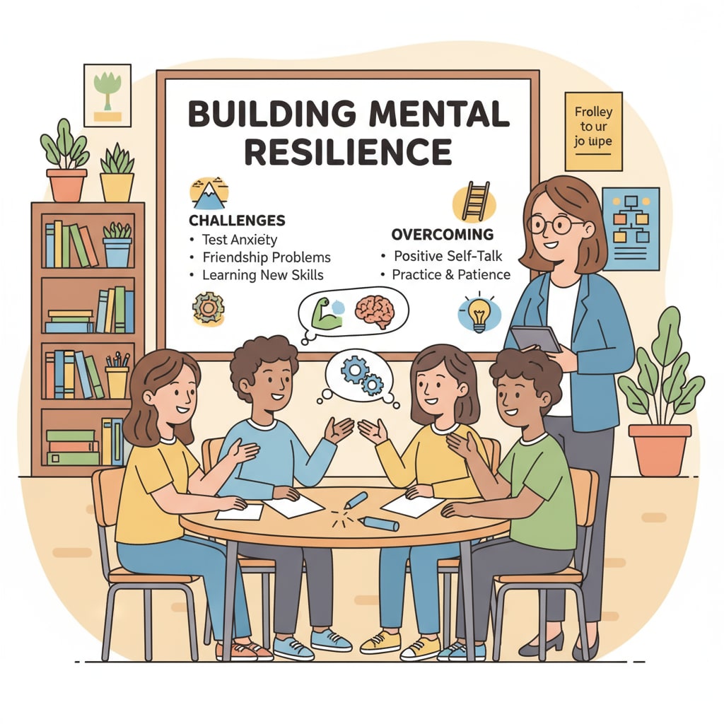 Students in a classroom are participating in a group activity that focuses on building mental resilience. They are discussing different scenarios and how to overcome difficulties. Students engaged in resilience education activity in a classroom setting related to school and family roles