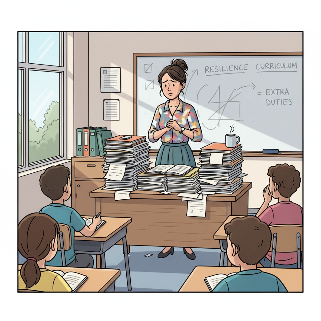 A teacher is standing in front of a classroom with a look of concern. There are piles of papers on the desk, indicating the heavy workload of teaching and additional responsibilities like resilience education. Teacher with heavy workload in relation to school's role in resilience education and family support needed