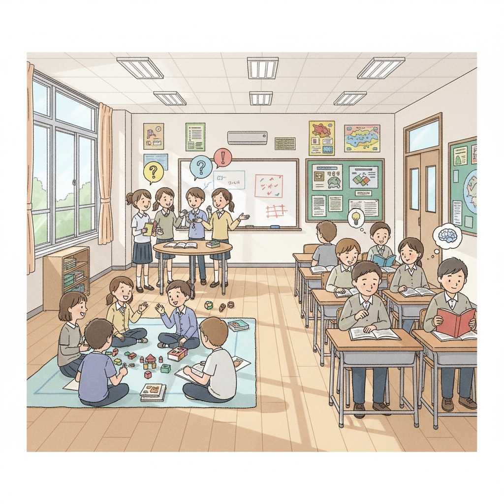 A classroom scene shows some students sitting at their desks, reading books quietly by themselves, while in other parts of the room, groups of students are engaged in animated discussions, highlighting the contrast between solitary learning and social interaction in the learning environment. Solitary learning and social interaction in a K12 classroom learning environment