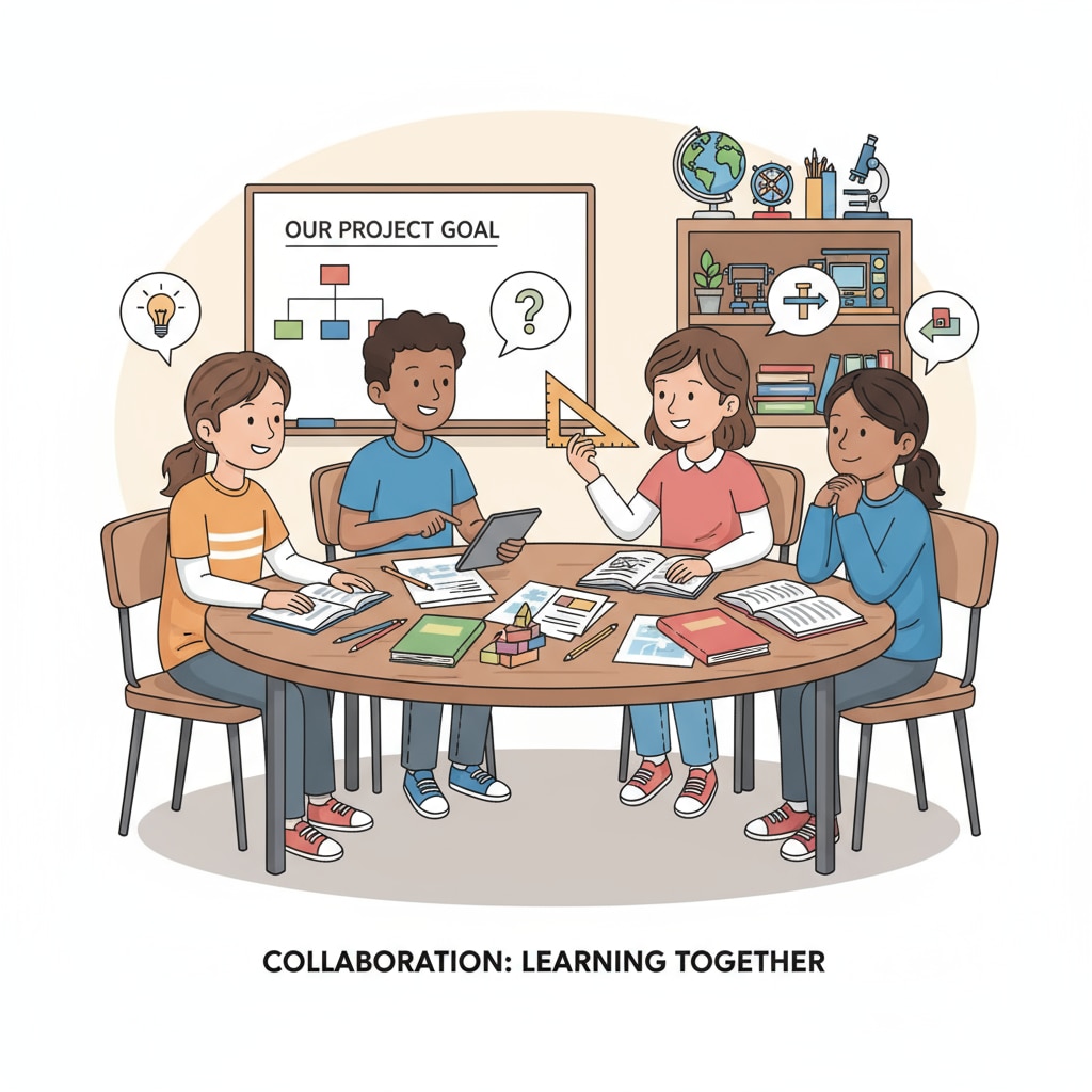 A group of students are gathered around a table, working together on a project. They are sharing materials, discussing ideas, and collaborating to achieve a common goal, representing the social interaction aspect within the K12 learning environment. Social interaction among students in a K12 learning environment
