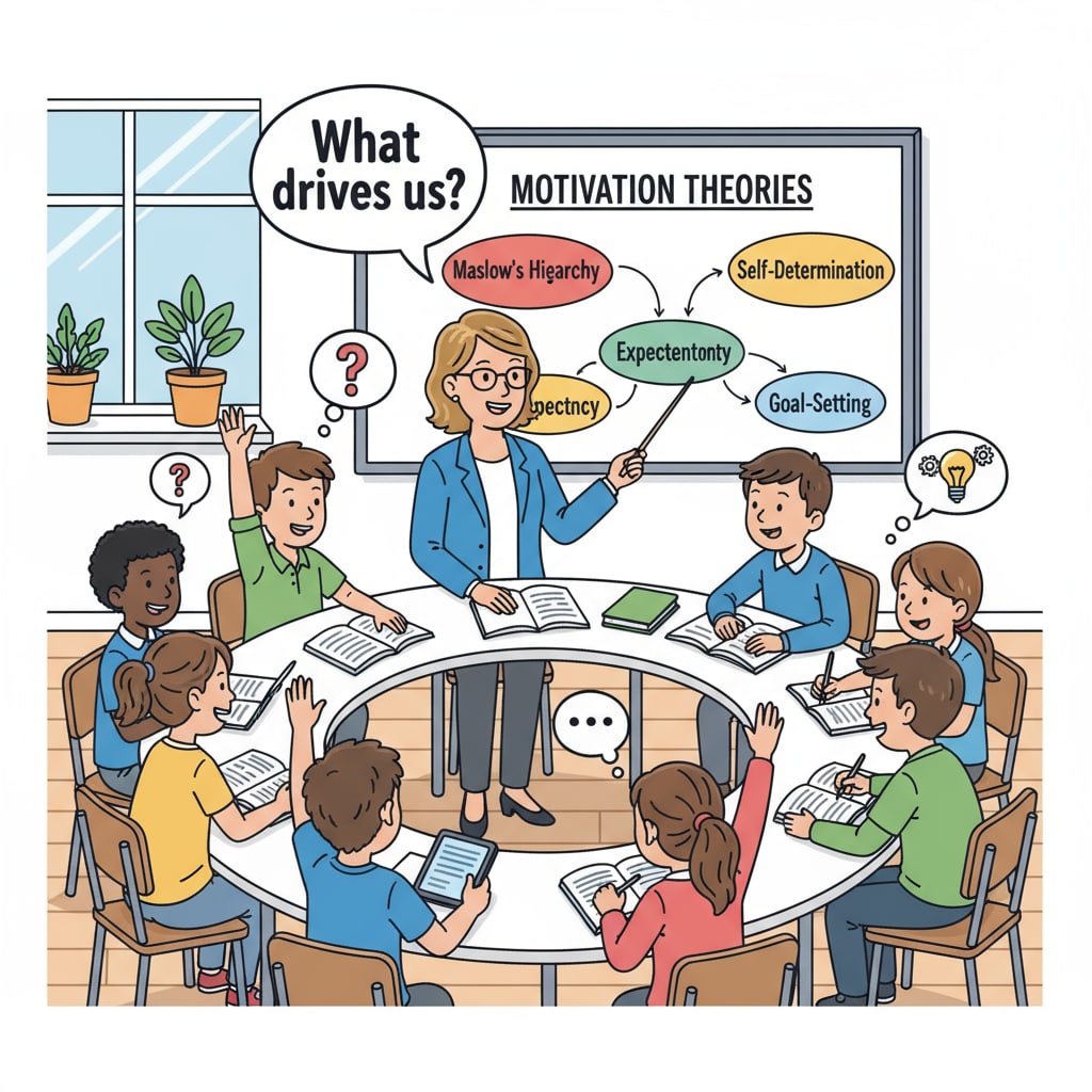 A classroom scene where students are actively engaged in a discussion about motivation theories. Some are raising their hands, others are taking notes, and the teacher is facilitating the conversation. Students discussing motivation theories in a classroom