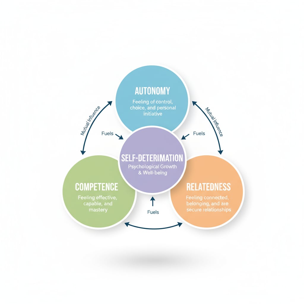 An illustration showing the three components of Self-Determination Theory - autonomy, competence, and relatedness - with simple explanations and arrows indicating their relationships. Illustration of Self-Determination Theory components