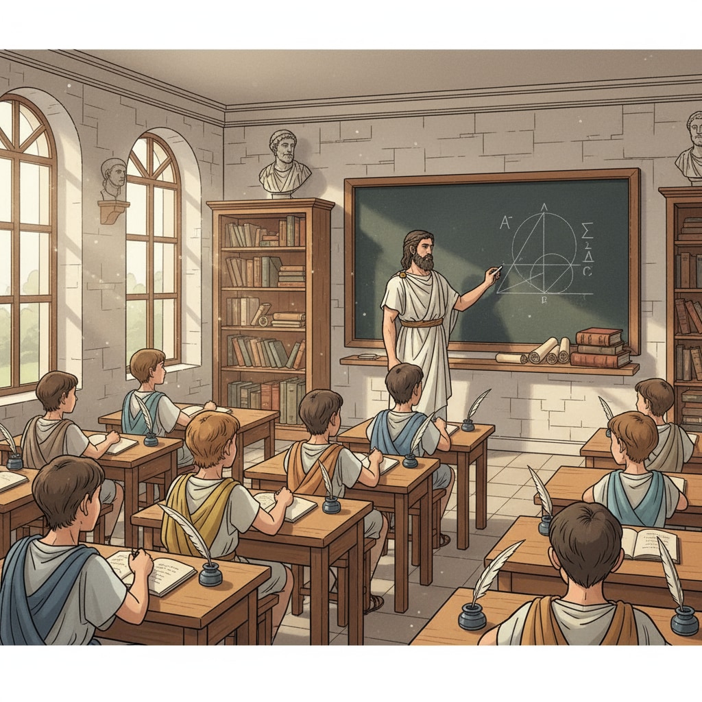 A classroom scene in the era of classical education, students are sitting at desks, listening attentively to the teacher who is writing on a blackboard Classroom scene of classical education, showing historical changes and educational models