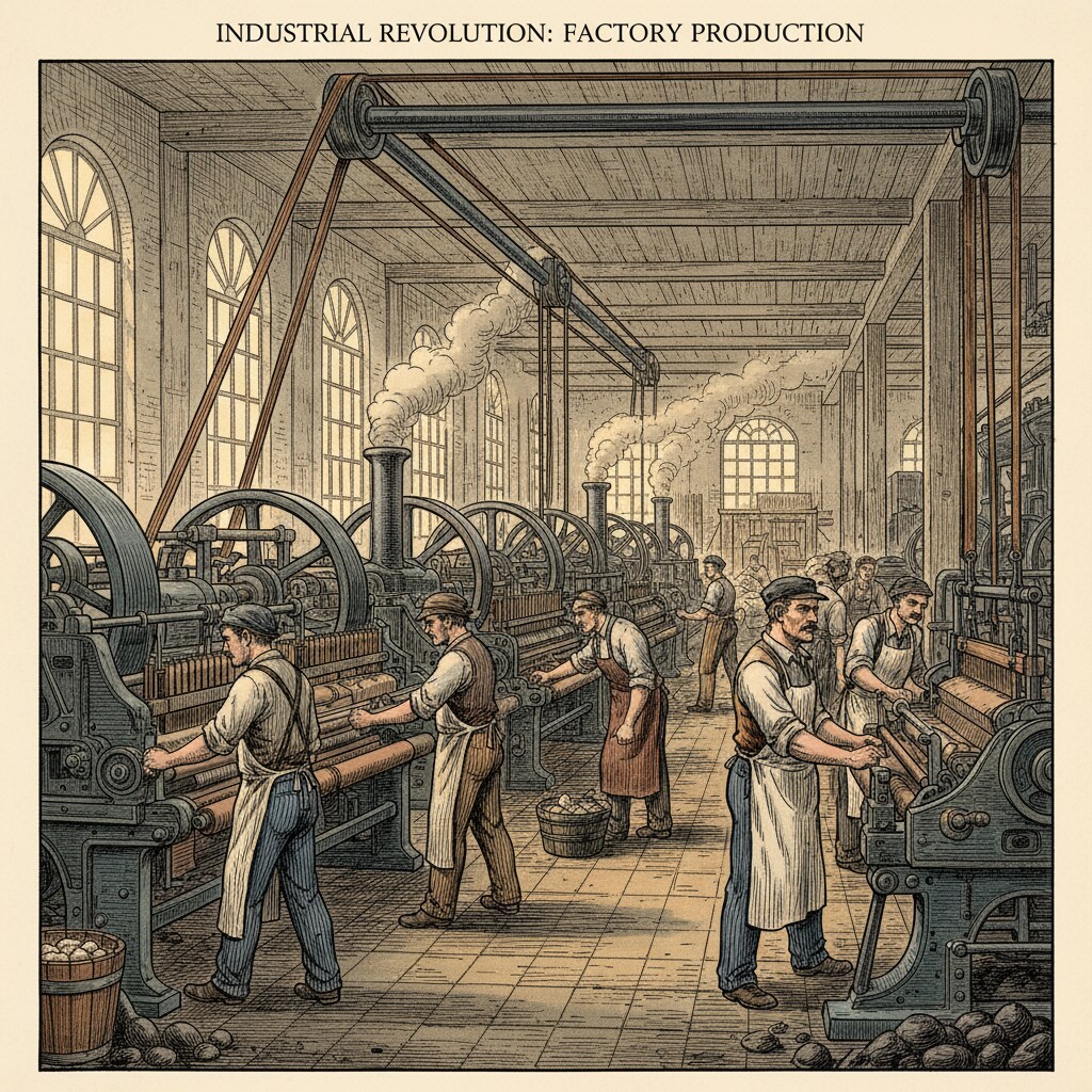 Workers in an industrial factory during the Industrial Revolution, operating large machines Workers in an industrial factory during the Industrial Revolution, related to historical changes in educational models