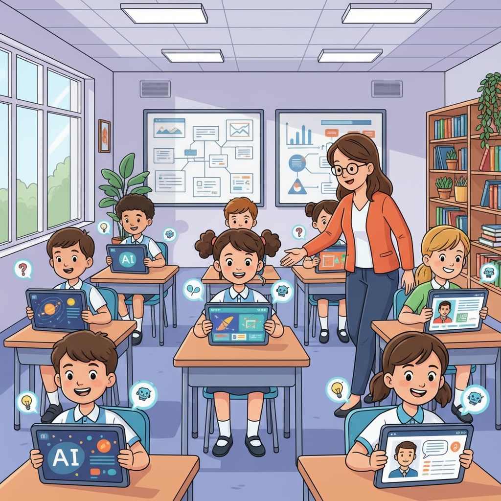 Students using AI-powered educational tools in a K12 classroom, related to artificial intelligence, White House working group, and responsibility management