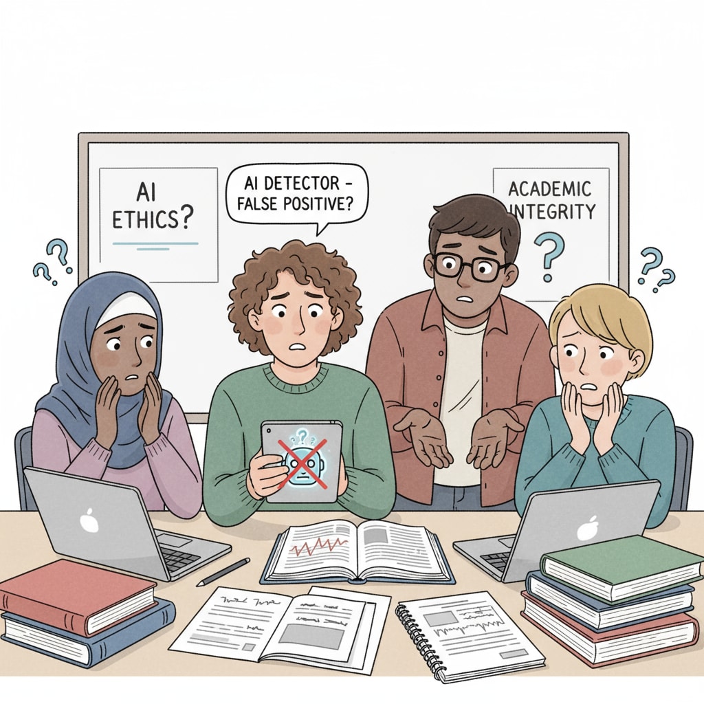 A group of students are sitting in a classroom, looking worried and confused as they discuss the potential false alarms from AI detectors. Students worried about AI detector false alarms in a classroom
