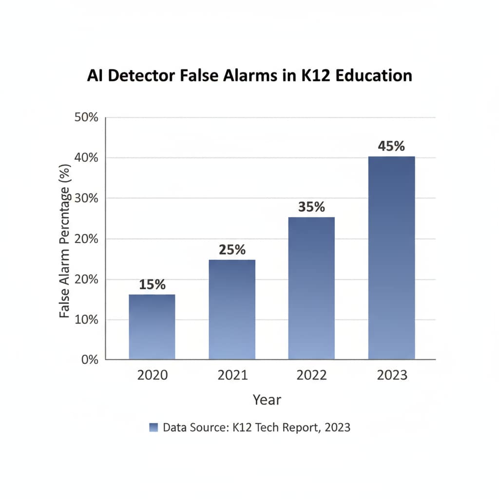 A bar graph presenting the percentage of false alarms by AI detectors in K12 educational institutions over a period of time. Graph showing high rate of false alarms by AI detectors in K12 education