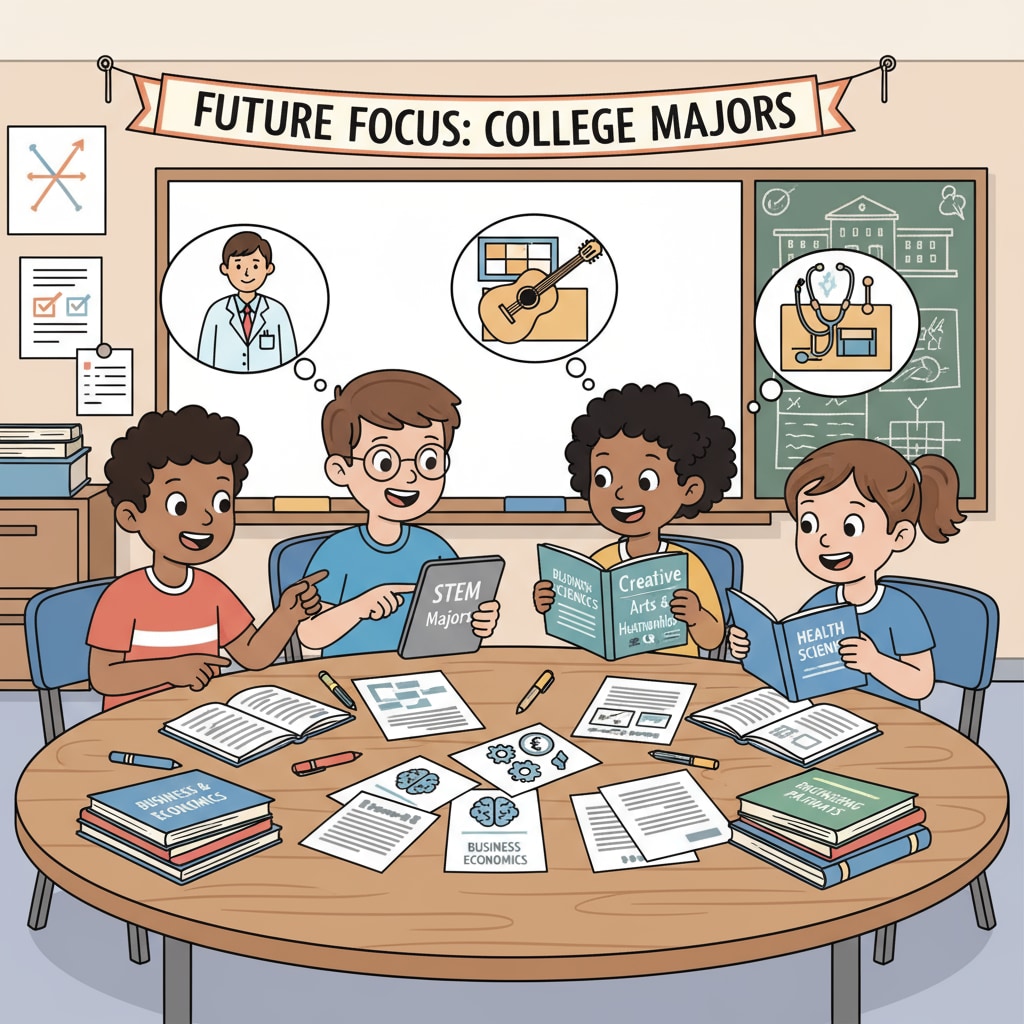 A group of K12 students are sitting around a table in a classroom, discussing different college majors with excitement, books and papers about majors are scattered on the table. K12 students discussing future majors to avoid college academic dilemmas
