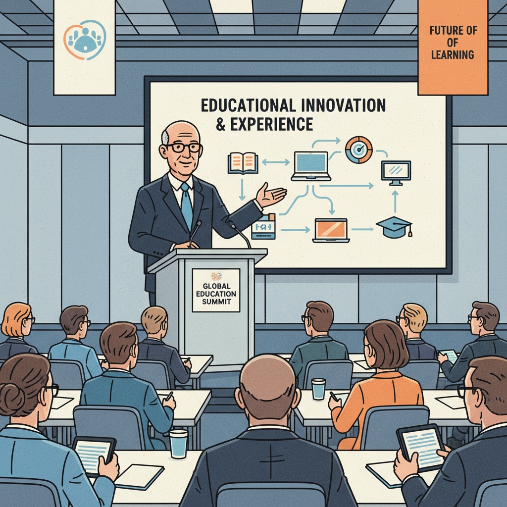 Joel Klein is giving a speech at an education conference, sharing his ideas and experiences. Joel Klein speaking at an education conference related to New York City schools and mayoral elections