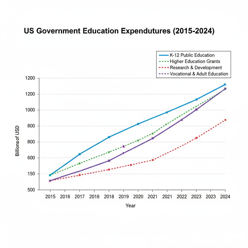 A graph that visually represents the changing trend of US government education expenditures over the years from 2015 - 2024, with different expenditure categories clearly marked. Graph showing US government education expenditure trends for academic research on education expenditure using government data