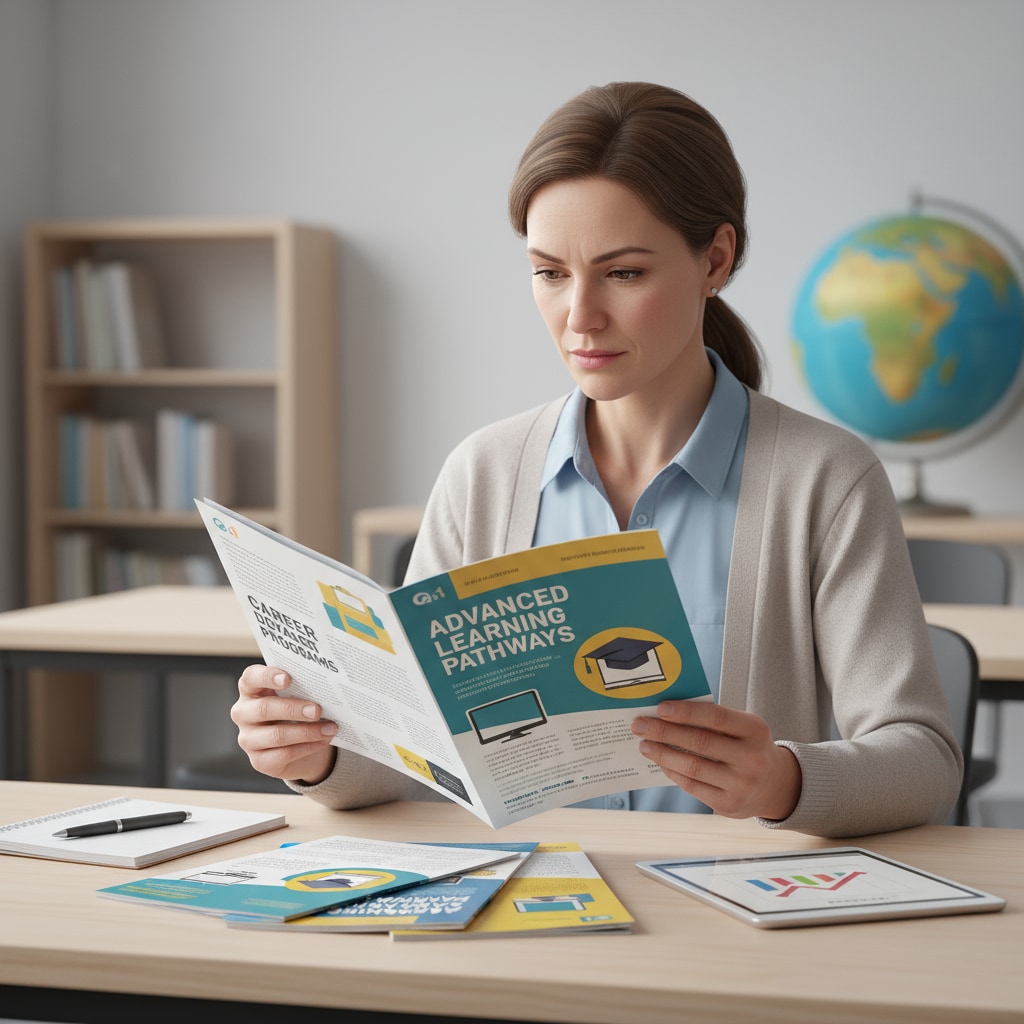 An image showing an adult learner looking at educational brochures with a determined expression Adult learner considering educational choices for degree completion and credit transfer