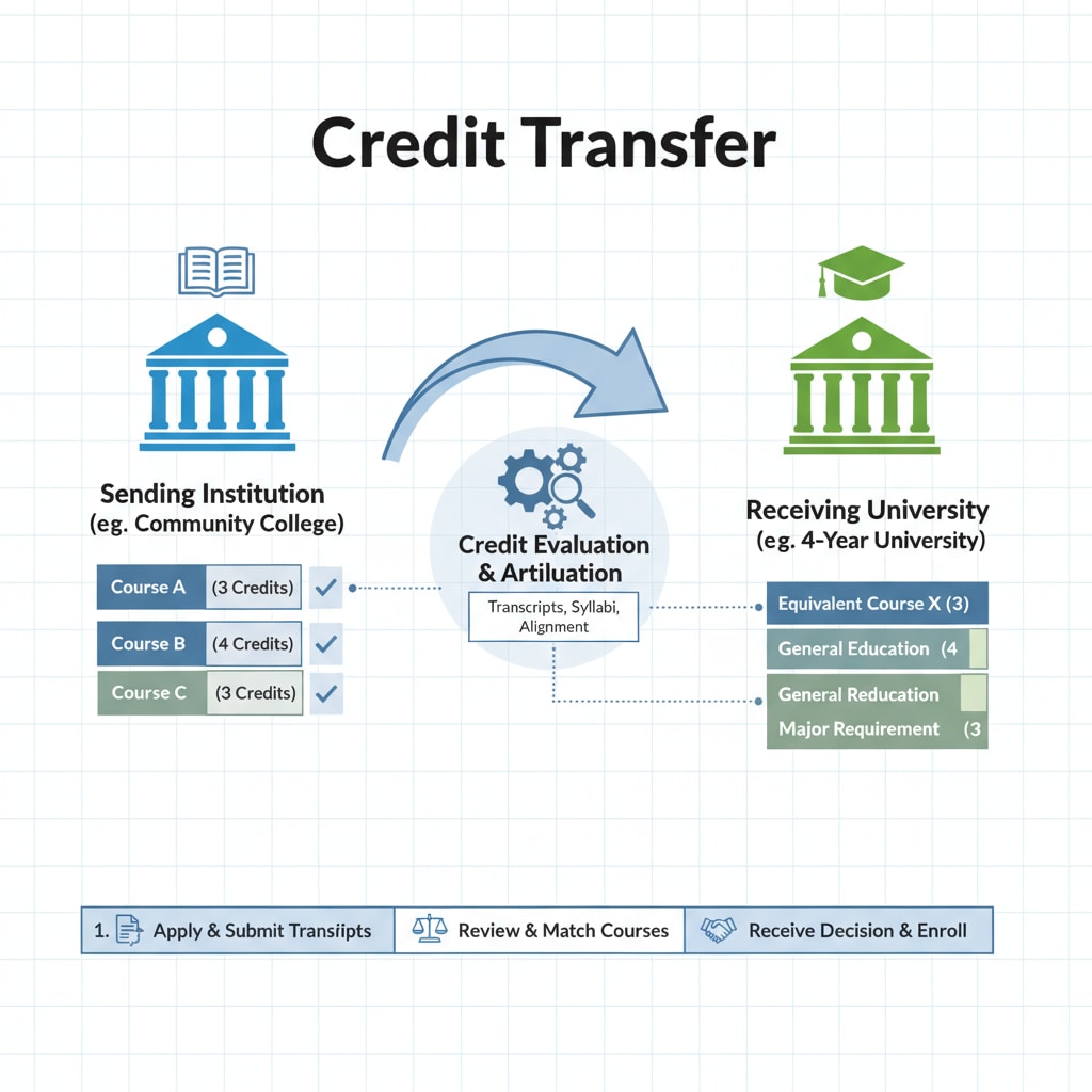 A graphic representing the process of credit transfer between different educational institutions Credit transfer process graphic for degree completion educational choices