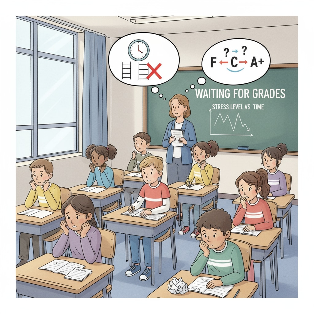 A classroom scene where students are nervously waiting for their graded test papers, showing the stress associated with traditional grade scoring. Students waiting nervously for graded test papers in the context of grade scoring systems, education quality, and education reform