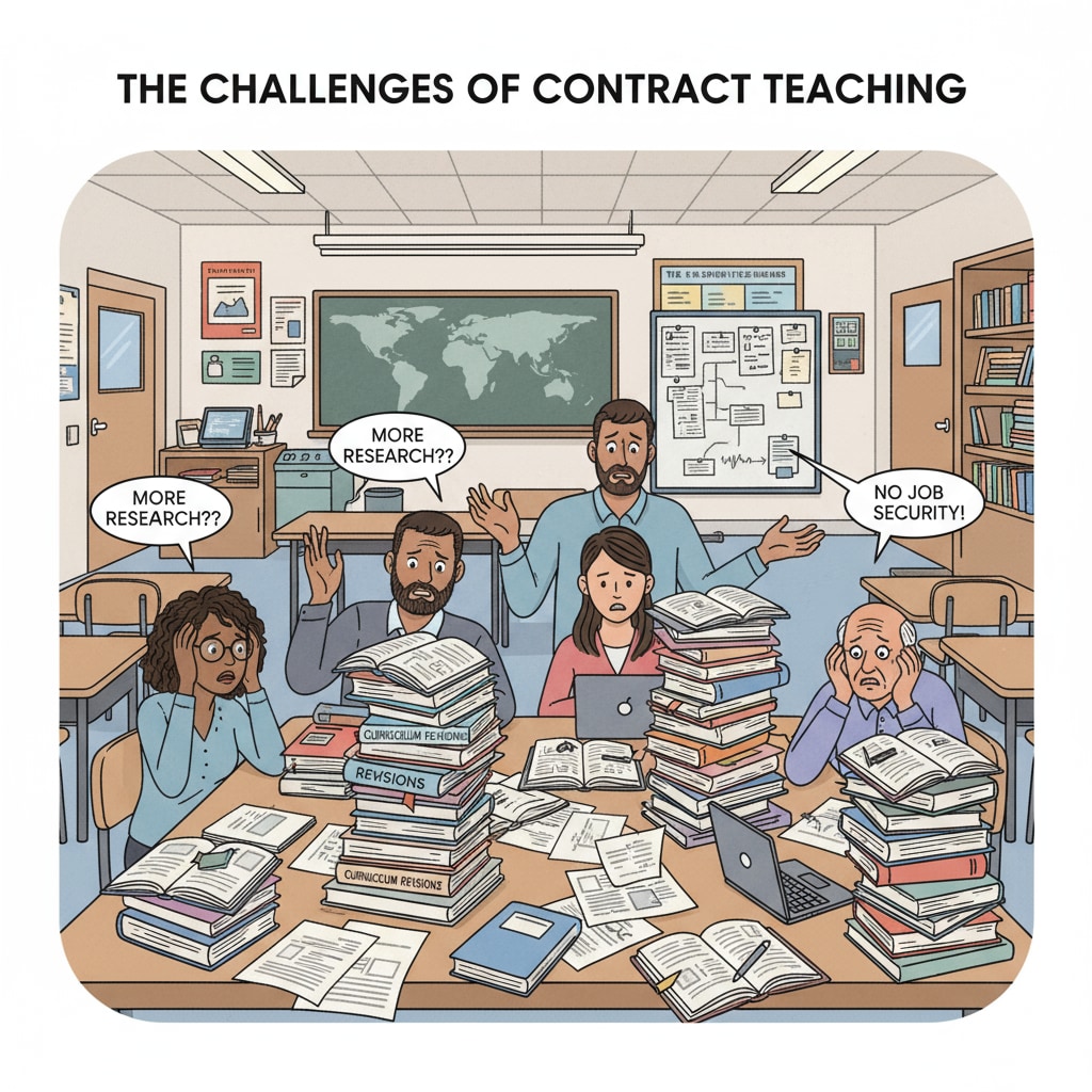 A group of K12 contract teachers are shown in a classroom, with worried expressions on their faces as they deal with piles of research materials while also having to prepare for teaching. K12 contract teachers under pressure to meet research quotas
