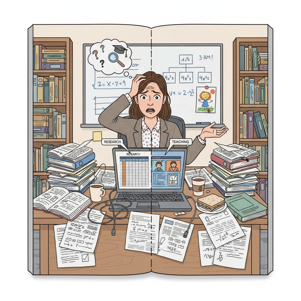 A teacher is sitting at a messy desk, surrounded by books, papers, and a computer. The teacher looks stressed as they try to manage both teaching and research tasks. K12 teacher overwhelmed by research and teaching demands related to AACSB accreditation