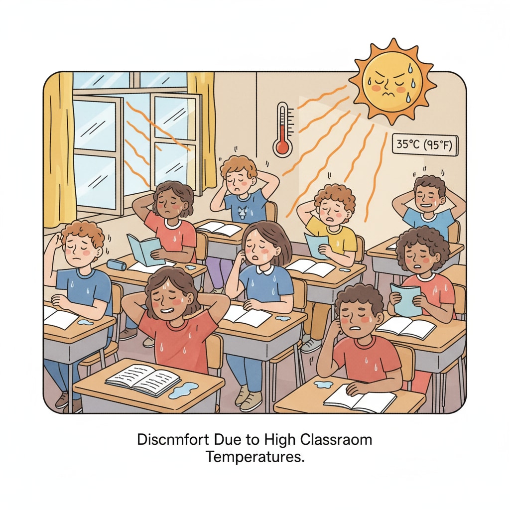 Students in a marginalized community's classroom experiencing extreme heat and educational inequality.