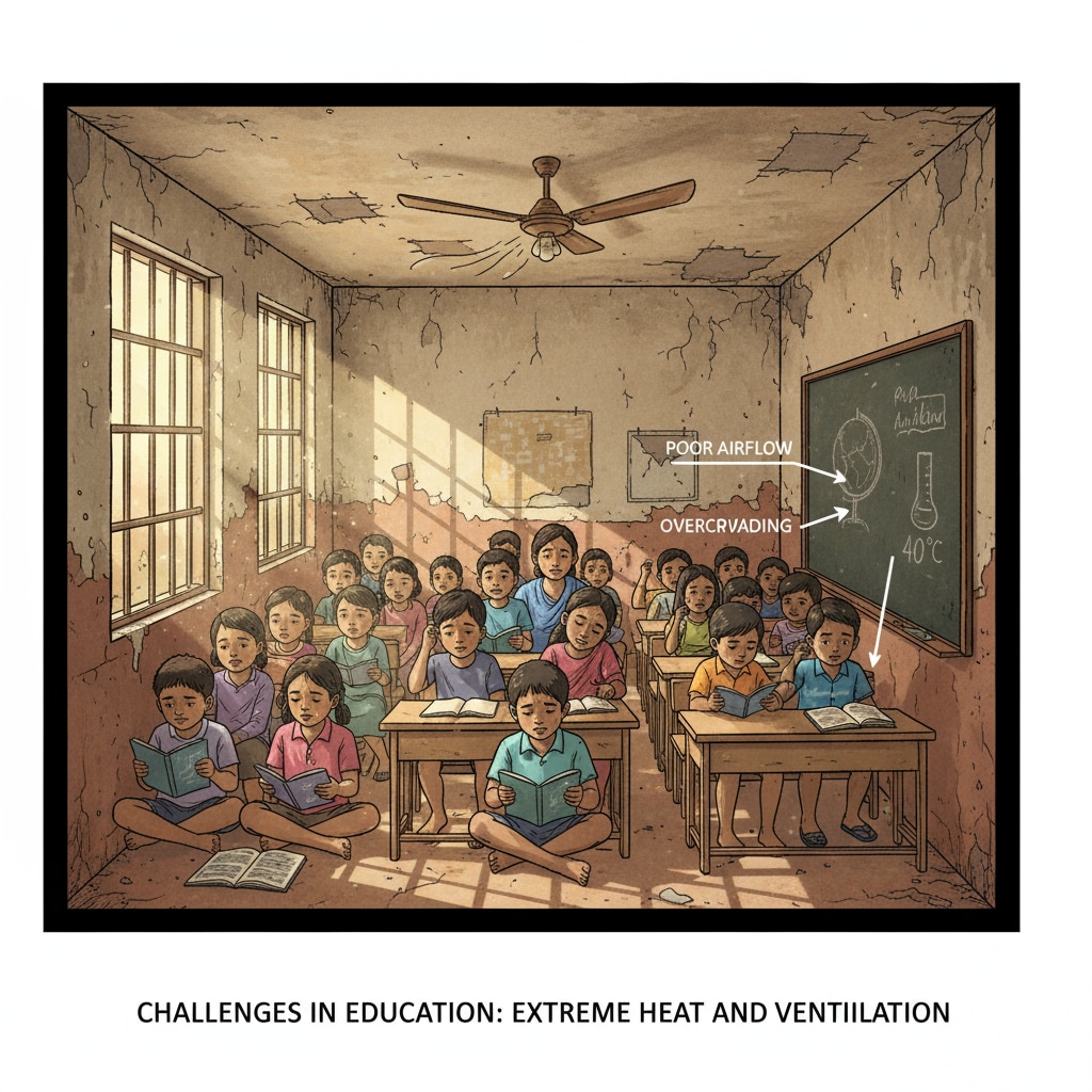 Classroom in a marginalized area facing challenges of extreme heat related to educational inequality.