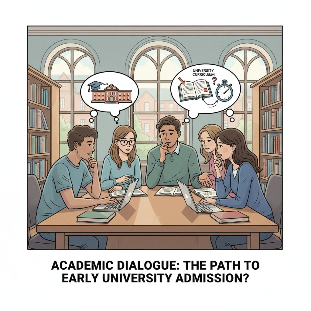 Students discussing academic topics related to skipping high school to enter university in a library.