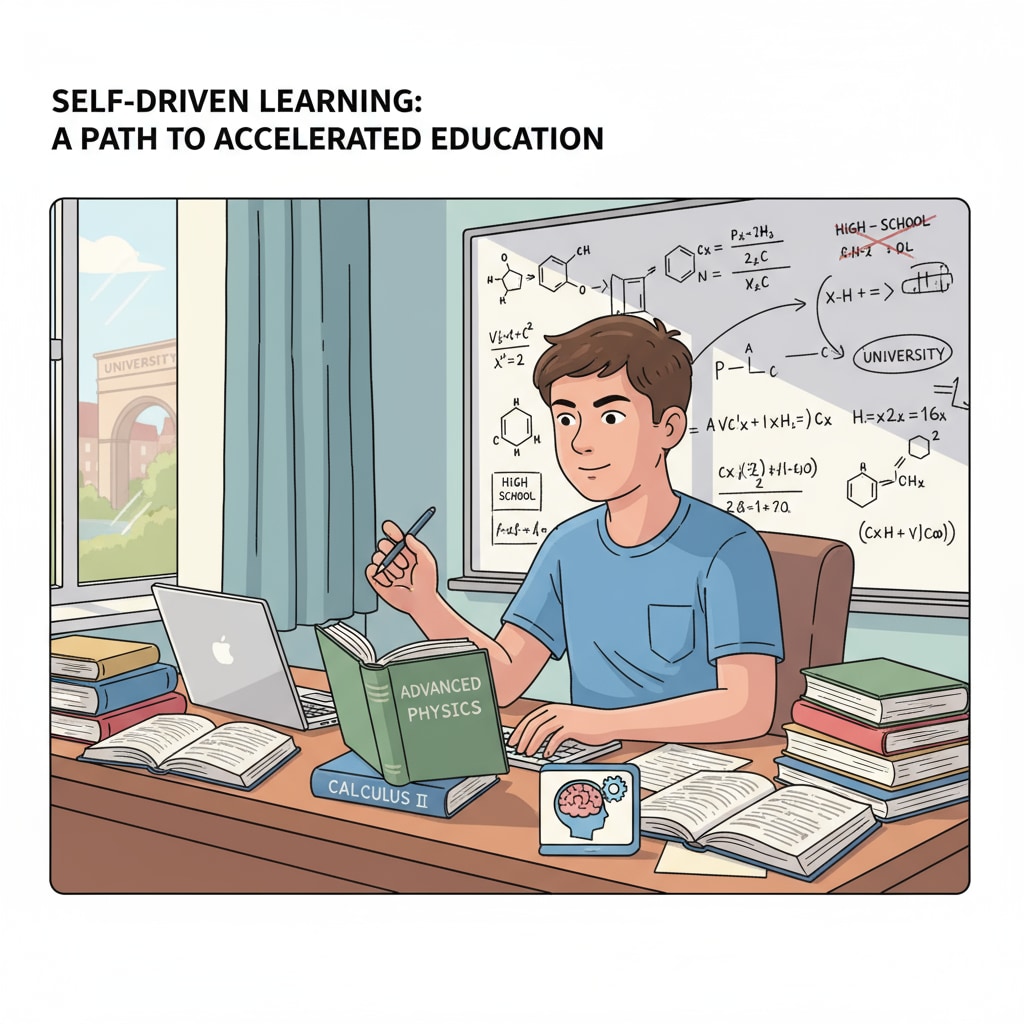 A self-motivated student studying at a desk, relevant to the topic of high school skipping to university.