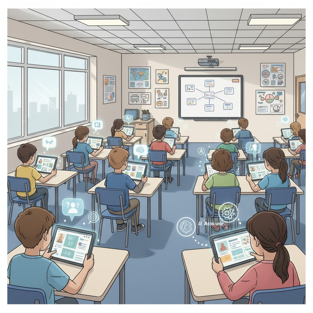 An illustration shows students using tablets with educational apps in a classroom. Some students are interacting with virtual tutors, and others are working on assignments with the help of AI - powered features. Students using AI - integrated educational apps for enhanced productivity, receiving AI feedback, and being subject to deep work tracking in a classroom
