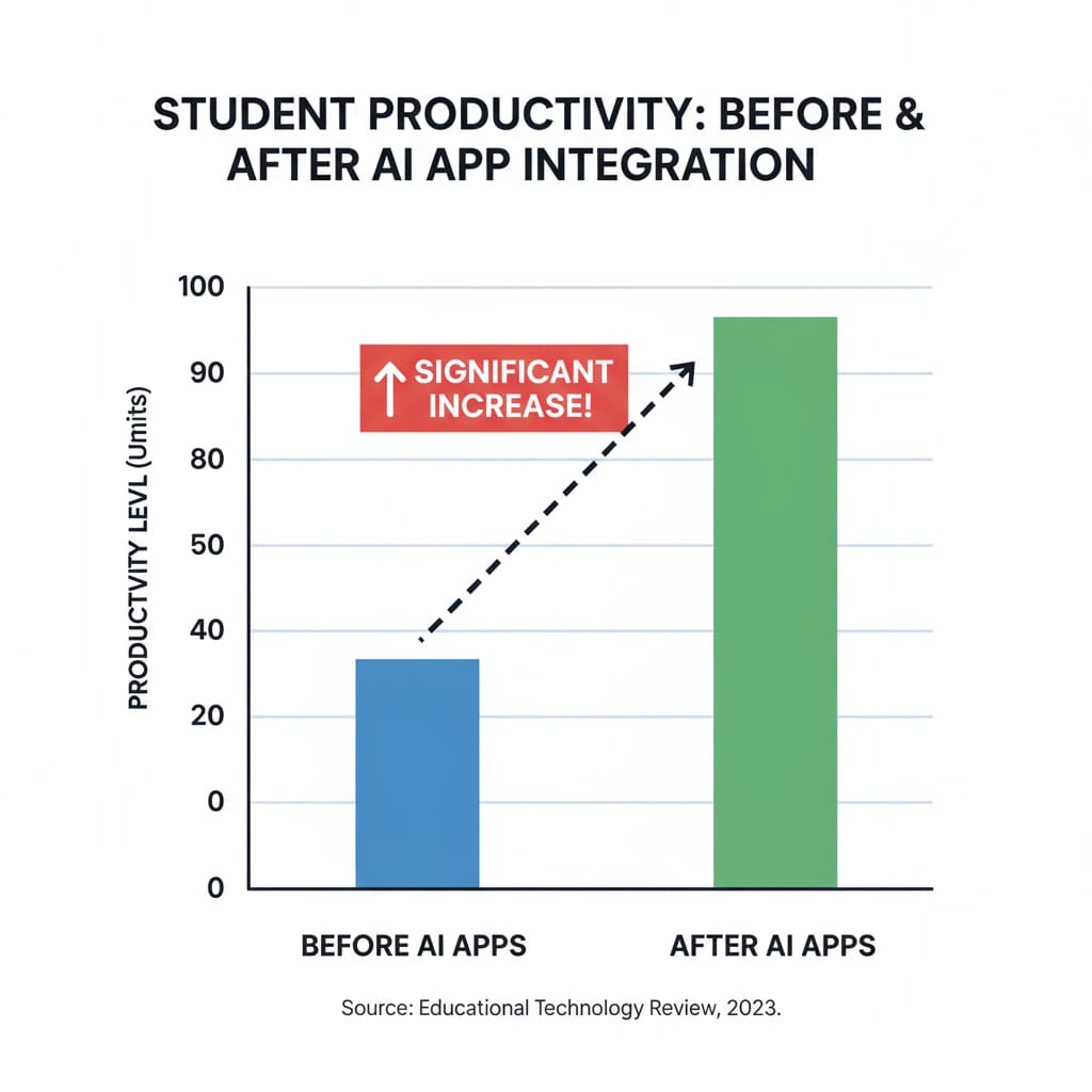 A bar graph compares the productivity levels of students before and after using AI - integrated educational applications. The graph clearly shows an upward trend in productivity. Graph depicting the improvement in student productivity due to AI - integrated apps with features related to AI feedback and deep work tracking