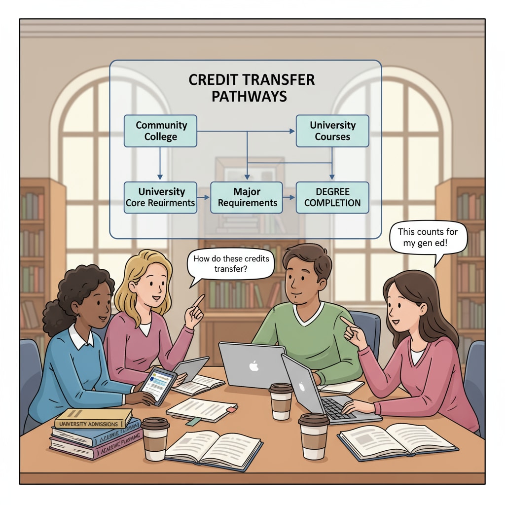 Students are having a discussion about credit transfer options in a library setting, with books and laptops around them, indicating their research and planning for degree completion. Students discussing university credit transfer options related to bachelor's degree and debt issues in a library