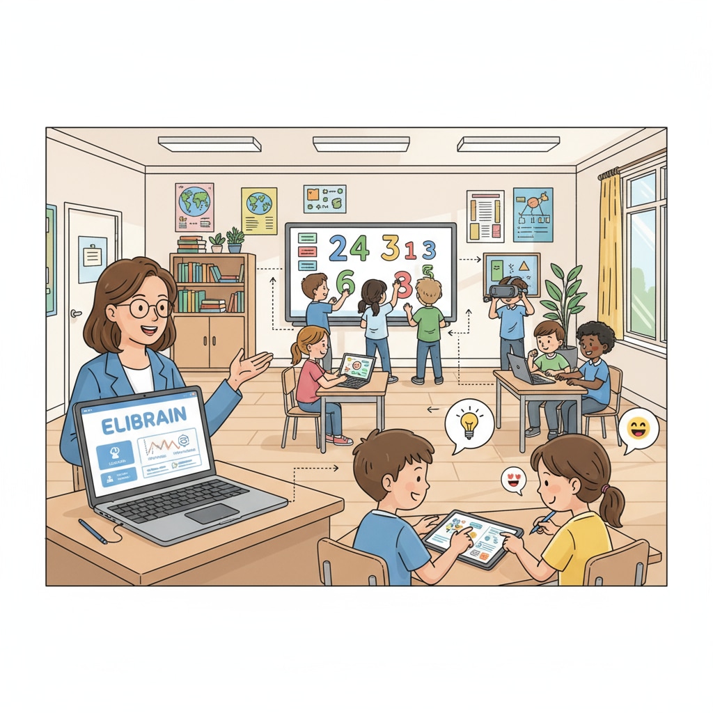 An illustration depicts a teacher using ELIBRAIN on a laptop in a classroom. The teacher is shown interacting with the platform, and students are engaged in learning activities. A teacher using ELIBRAIN as an educational tool and teaching aid in a K12 classroom