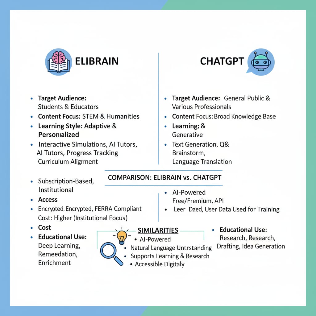 A side-by-side comparison chart shows the features of ELIBRAIN and ChatGPT. It highlights the differences and similarities between the two in terms of educational application. Comparison of ELIBRAIN and ChatGPT as educational tools and teaching aids