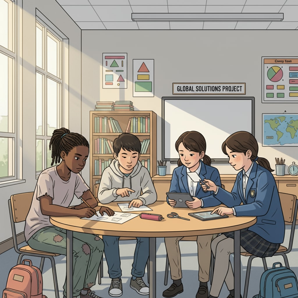 A classroom scene shows students of different genders and ethnicities, some wearing simple clothes representing economically disadvantaged students and some in neat uniforms representing privileged students, working together on a group project. Classroom scene of privileged and economically disadvantaged students collaborating in an educational environment
