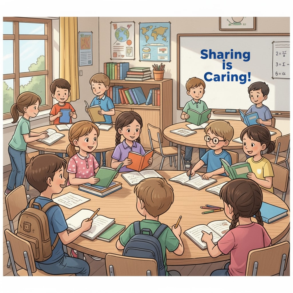 Students are seen sharing books and notebooks. Some students have fewer materials, while others are generously sharing theirs. Students from privileged and economically disadvantaged backgrounds sharing study materials in an educational environment