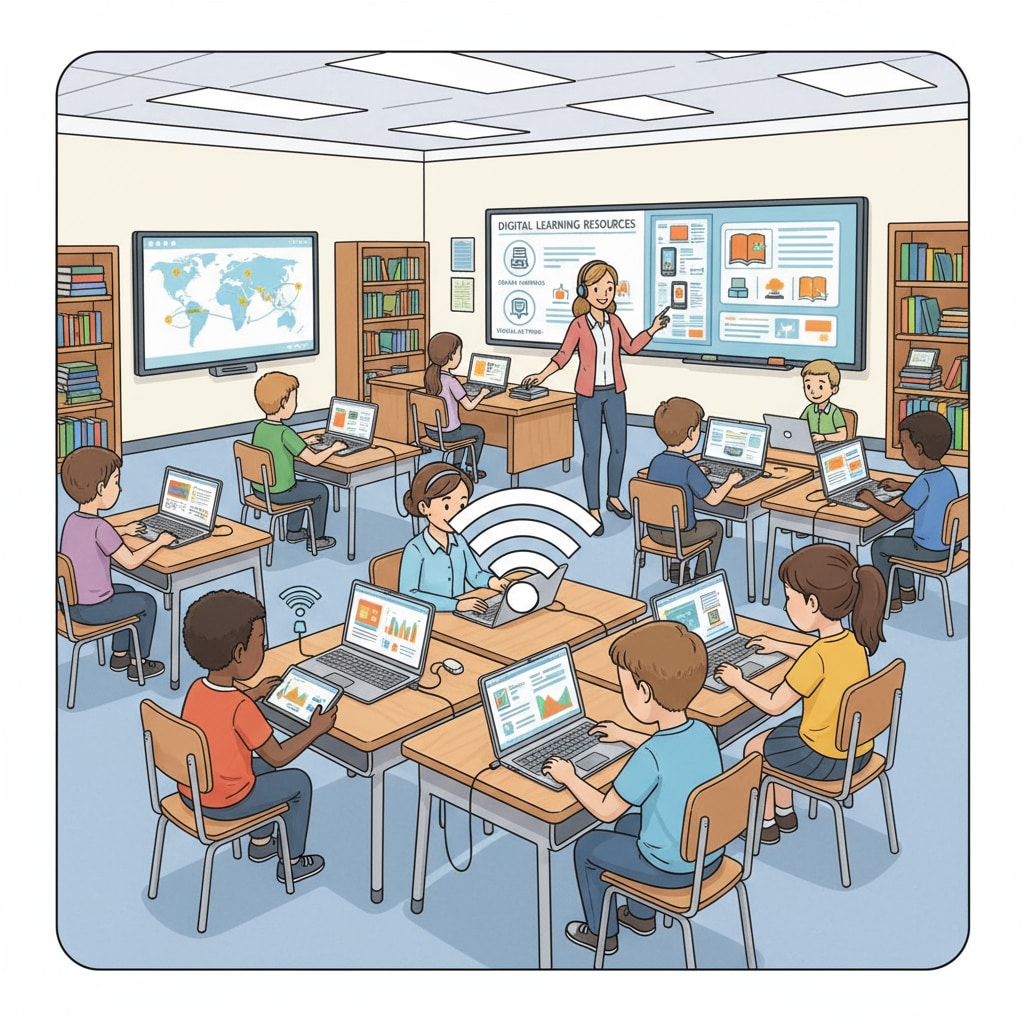 Students using digital devices for K-12 education resources in a classroom
